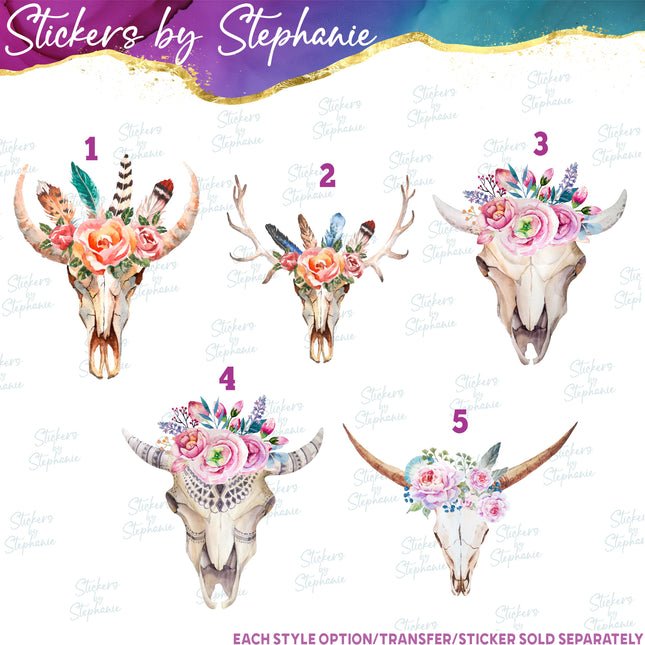 (s02A-048) Boho Cow Skull Flowers Iron-On Transfer or Sticker