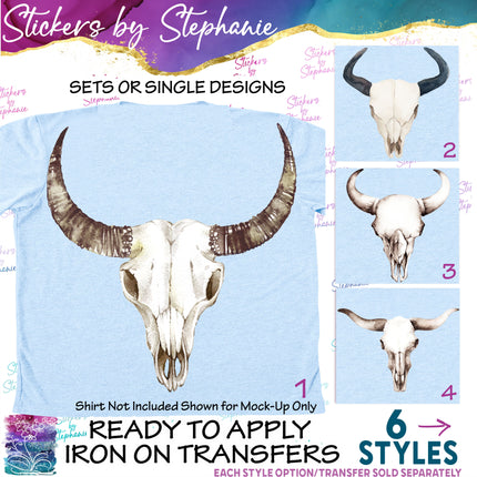 (s02A-049) Watercolor Cow Skull Iron-On Transfer or Sticker