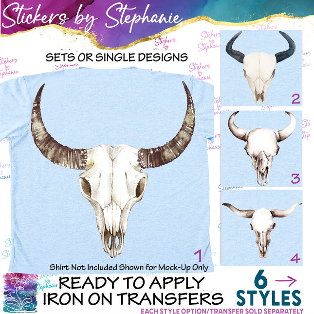 (s02A-049) Watercolor Cow Skull Iron-On Transfer or Sticker