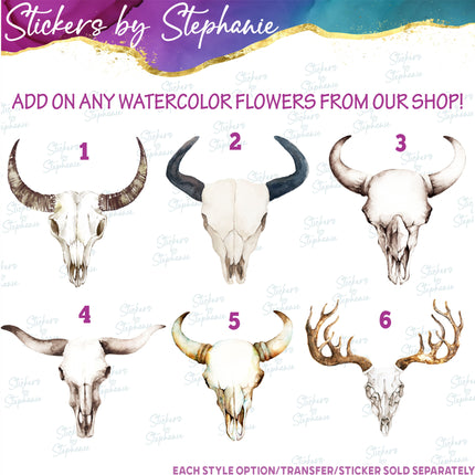 (s02A-049) Watercolor Cow Skull Iron-On Transfer or Sticker