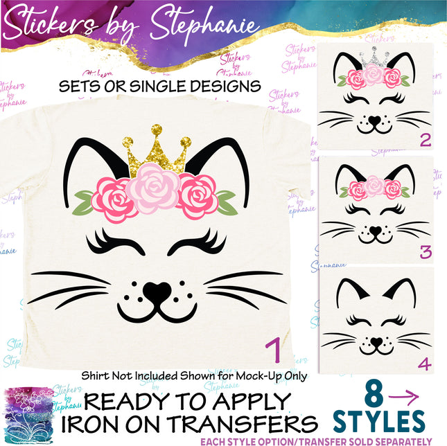 (s02A-005) Kitty Cat Face Flowers Crown Iron-On Transfer