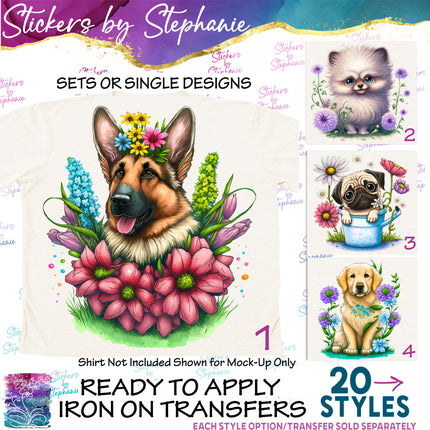(s02A-056) Floral Dogs Flowers Iron-On Transfer or Sticker