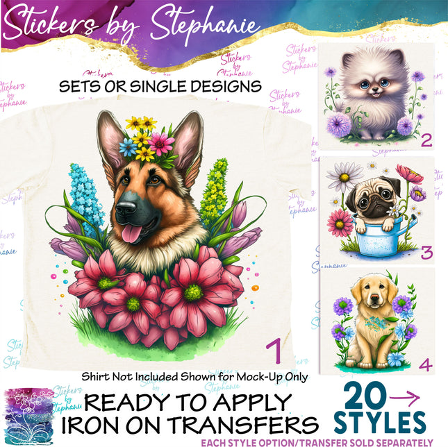 (s02A-056) Floral Dogs Flowers Iron-On Transfer or Sticker