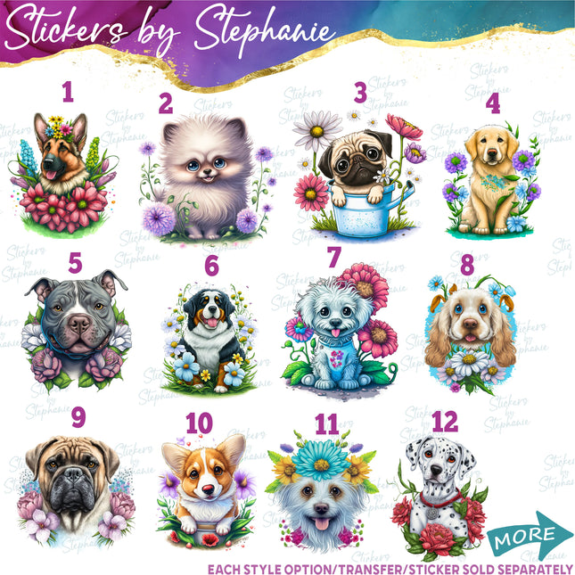 (s02A-056) Floral Dogs Flowers Iron-On Transfer or Sticker