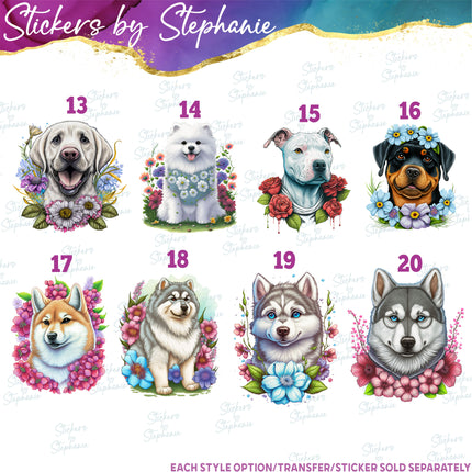 (s02A-056) Floral Dogs Flowers Iron-On Transfer or Sticker