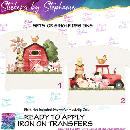 (s02A-064) Red Barn Tractor Farm Animals Iron-On Transfer or Sticker