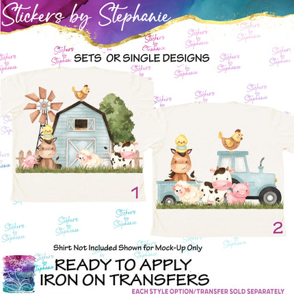 (s02A-065) Blue Barn Tractor Farm Animals Iron-On Transfer or Sticker