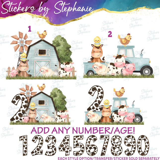 (s02A-065) Blue Barn Tractor Farm Animals Iron-On Transfer or Sticker