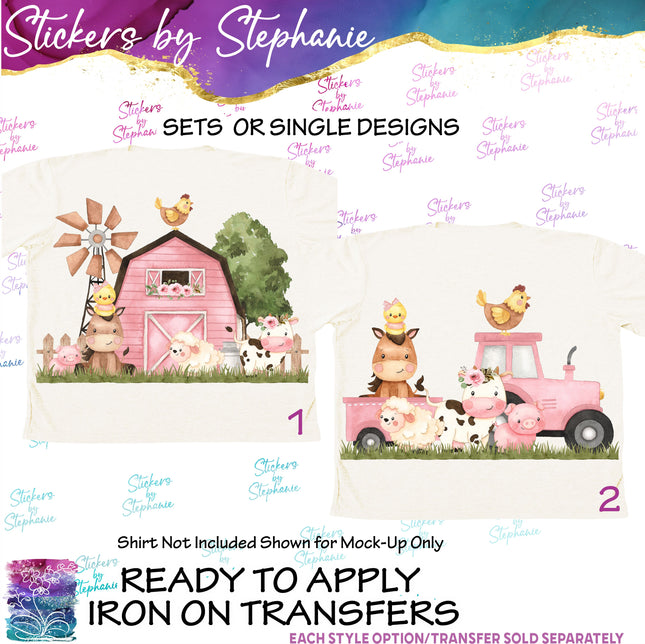 (s02A-066) Pink Barn Tractor Farm Animals Iron-On Transfer or Sticker