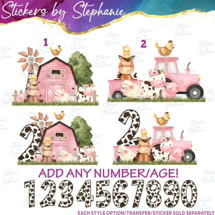 (s02A-066) Pink Barn Tractor Farm Animals Iron-On Transfer or Sticker