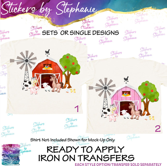 (s02A-069) Red, Pink Barn Farm Animals Iron-On Transfer or Sticker