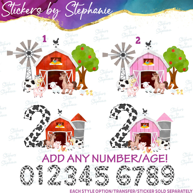 (s02A-069) Red, Pink Barn Farm Animals Iron-On Transfer or Sticker