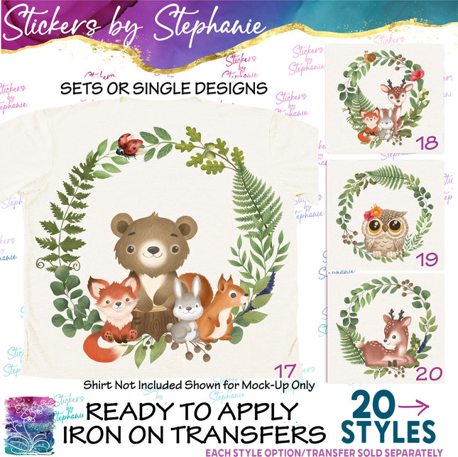 (s02A-072) Forest Woodland Animals Wreath Iron-On Transfer or Sticker