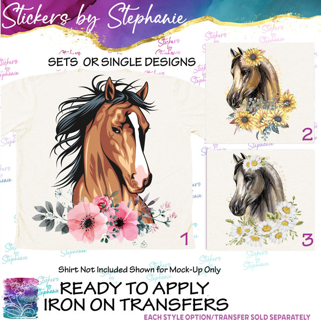 (s02A-082) Horse Head Flowers Iron-On Transfer or Sticker