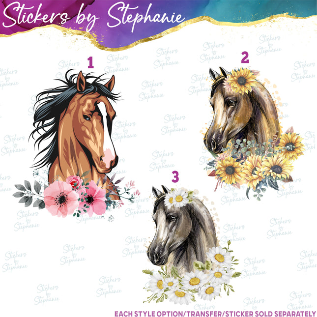 (s02A-082) Horse Head Flowers Iron-On Transfer or Sticker