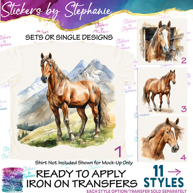 (s02A-084) Watercolor Brown Horse Iron-On Transfer or Sticker