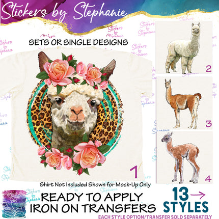 (s02A-091) Watercolor Alpaca Llama Flowers Iron-On Transfer or Sticker