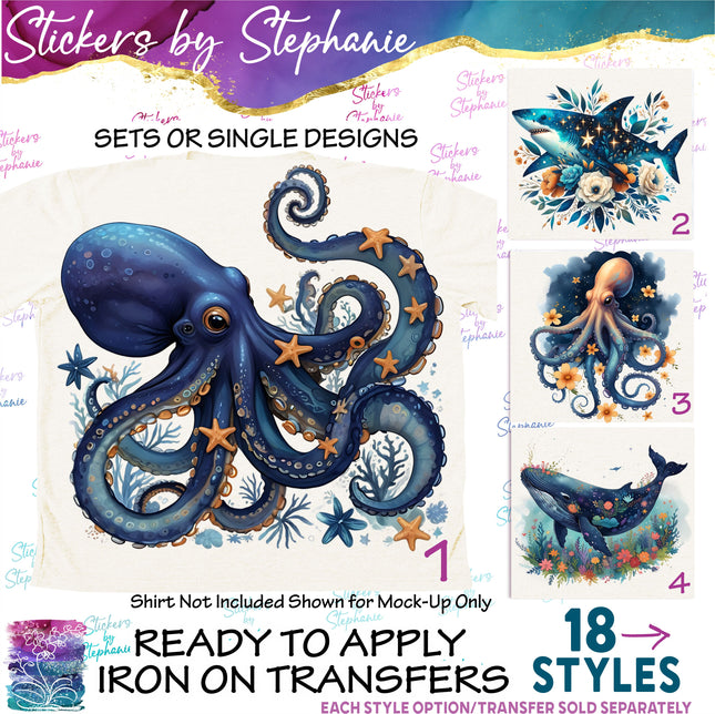 (s02A-092) Folk Ocean Animals Flowers Iron-On Transfer or Sticker