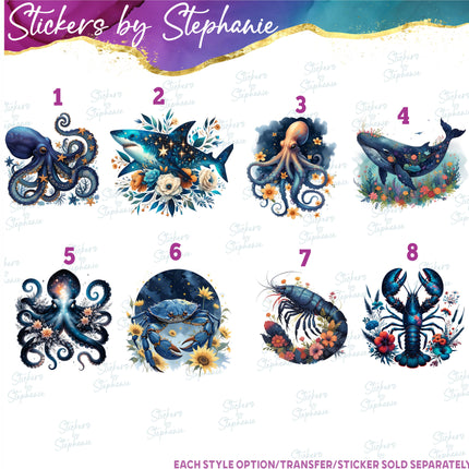 (s02A-092) Folk Ocean Animals Flowers Iron-On Transfer or Sticker