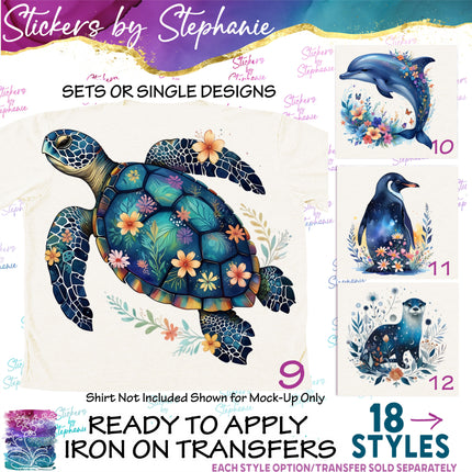 (s02A-093) Floral Ocean Animals Iron-On Transfer or Sticker