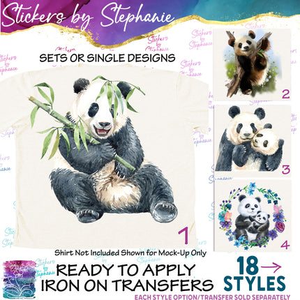 (s02A-095) Watercolor Panda Mom Baby Iron-On Transfer or Sticker