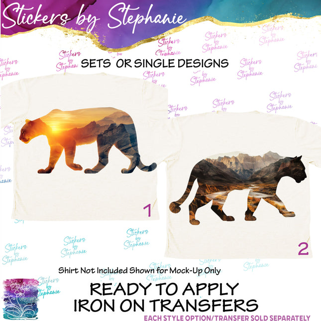 (s02A-096) Double Exposure Cougar Mountain Lion Iron-On Transfer