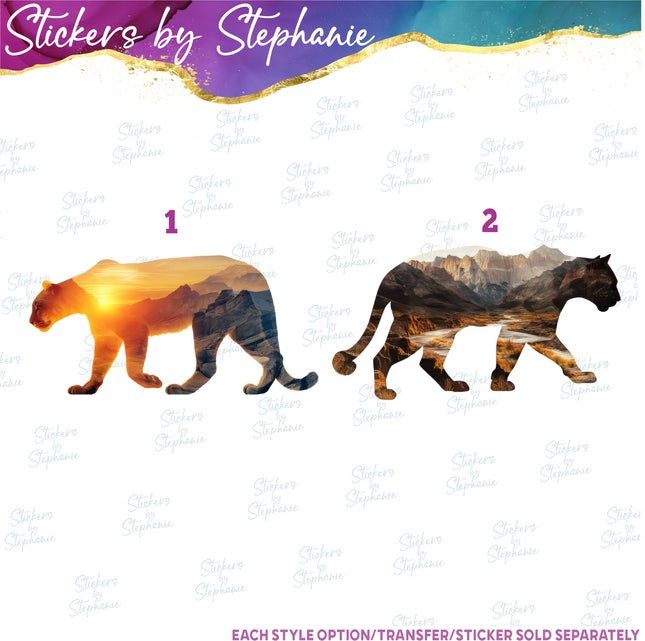 (s02A-096) Double Exposure Cougar Mountain Lion Iron-On Transfer