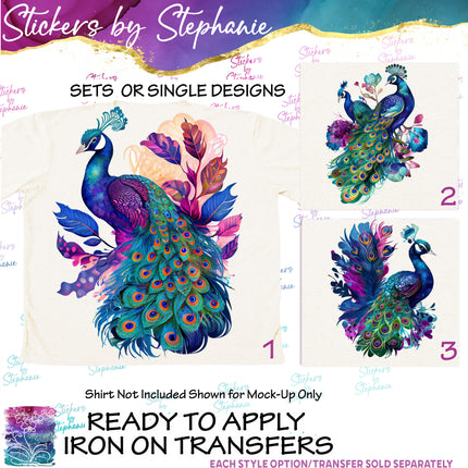 (s02A-097) Watercolor Peacock Iron-On Transfer or Sticker