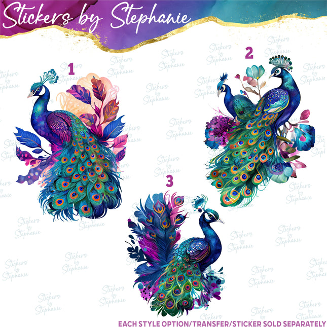 (s02A-097) Watercolor Peacock Iron-On Transfer or Sticker