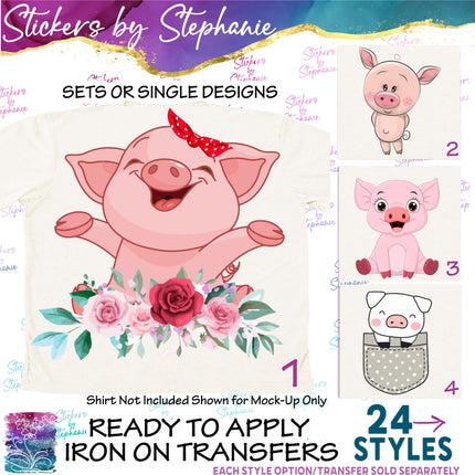 (s02A-098) Cartoon Illustrated Pigs Flowers Iron-On Transfer or Sticker