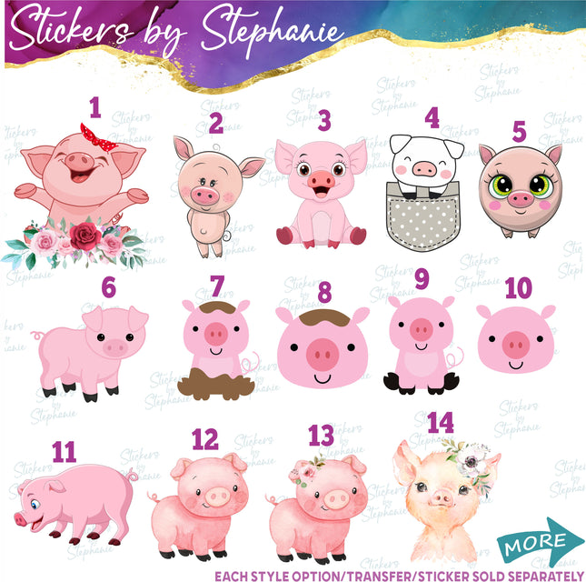 (s02A-098) Cartoon Illustrated Pigs Flowers Iron-On Transfer or Sticker
