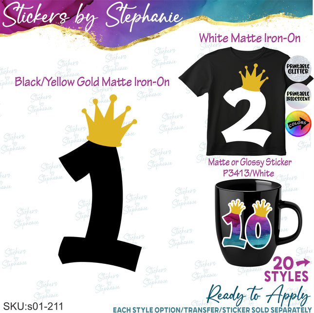 (s01-111) Crown Number Age One Two Iron-On Transfer or Sticker