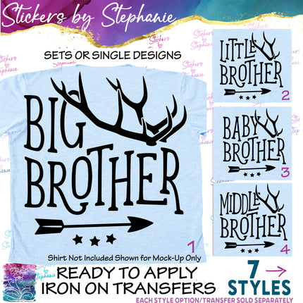 (s03-558) Deer Antlers Big, Little Brother Iron-On Transfer or Sticker