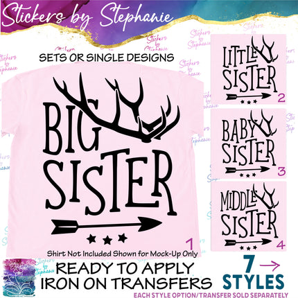 (s03-559) Deer Antlers Big, Little Sister Iron-On Transfer or Sticker
