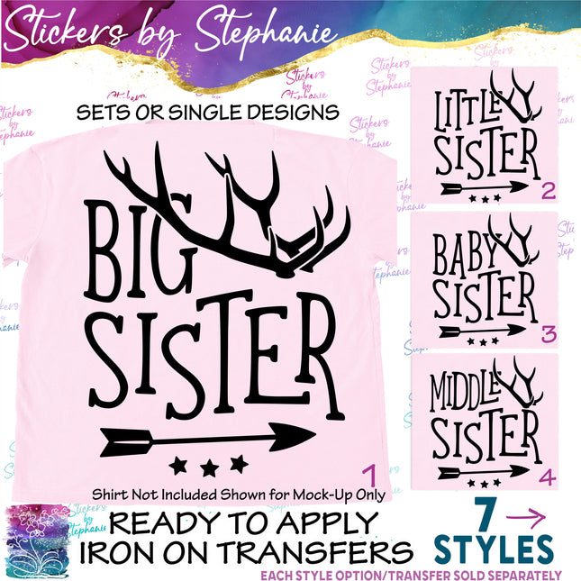 (s03-559) Deer Antlers Big, Little Sister Iron-On Transfer or Sticker
