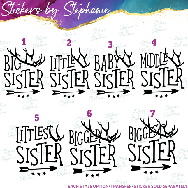 (s03-559) Deer Antlers Big, Little Sister Iron-On Transfer or Sticker