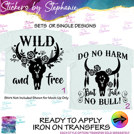 (s03-568) Wild Free Floral Cow Skull Iron-On Transfer or Sticker