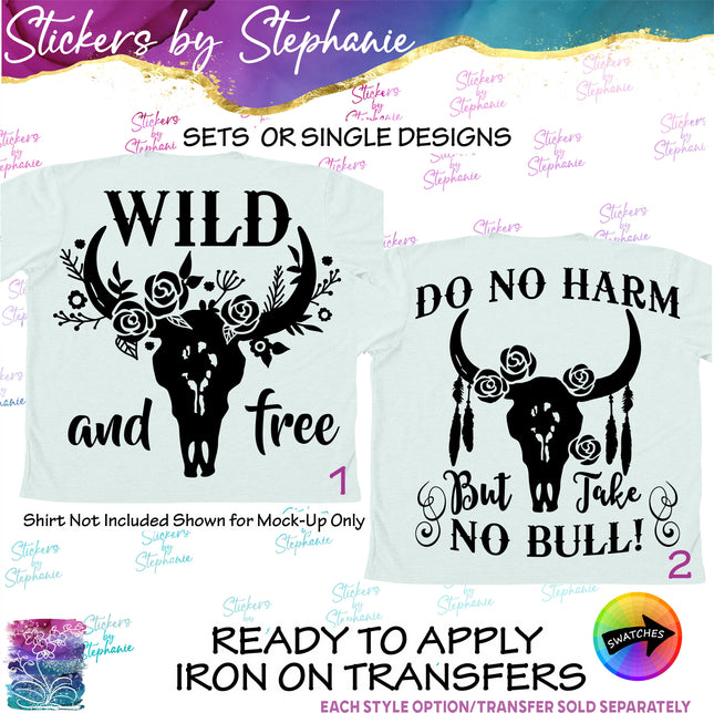(s03-568) Wild Free Floral Cow Skull Iron-On Transfer or Sticker