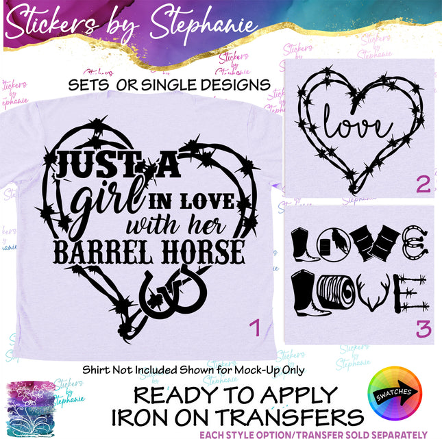 (s03-570) Just a Girl Love Barrel Horse Iron-On Transfer or Sticker