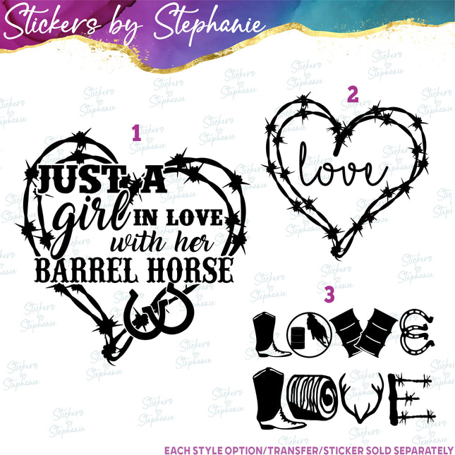 (s03-570) Just a Girl Love Barrel Horse Iron-On Transfer or Sticker