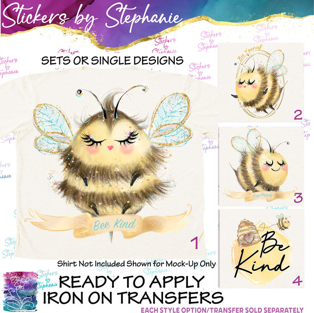 (s04-245) Bee Kind, Yourself, Happy Bumblebee Iron-On Transfer