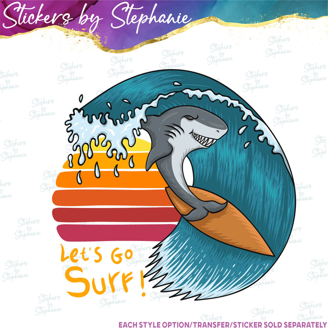 (s04-266) Let's Go Surf Shark Surfing Iron-On Transfer