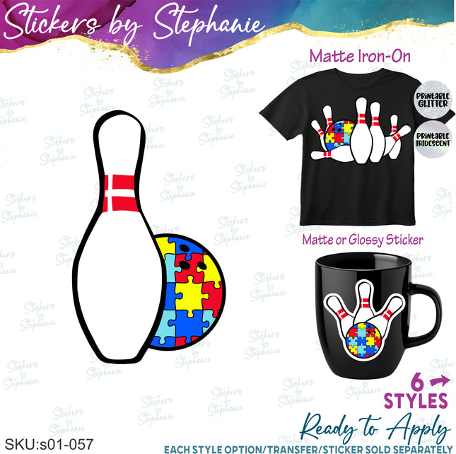 (s01-057) Bowling Ball Pins Autism Puzzle Iron-On Transfer