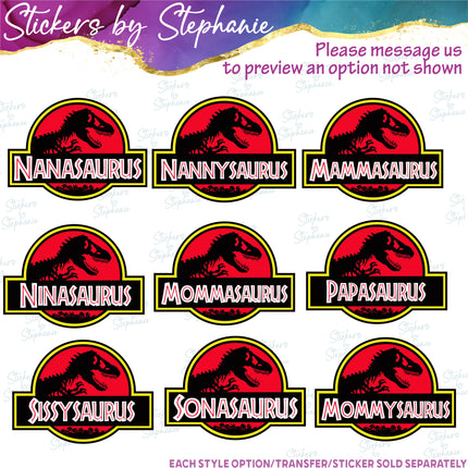(s06-093) Classic Dinosaur Logo Family Text Custom Iron-On Transfer or Sticker