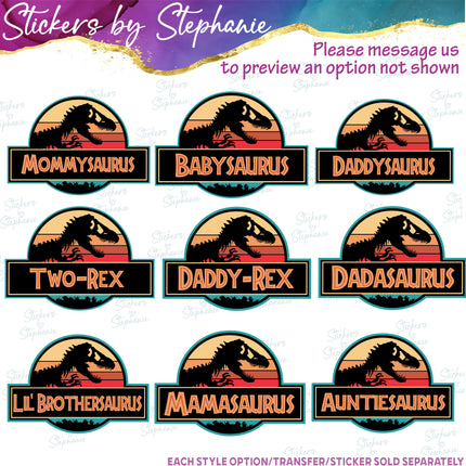 (s06-095) Retro Sunset Dinosaur Logo Family Custom Iron-On Transfer or Sticker