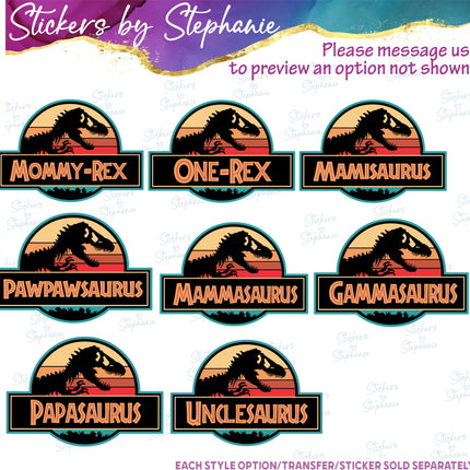 (s06-095) Retro Sunset Dinosaur Logo Family Custom Iron-On Transfer or Sticker