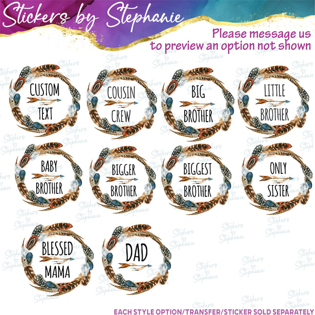 (s06-092) Bird Feather Wreath Custom Text Name Iron-On Transfer