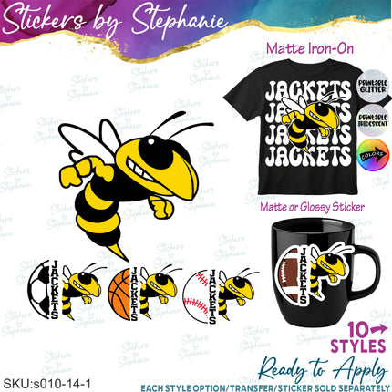 (s10-014-1) Yellow Jackets, Hornets, Bee Mascot Iron-On Transfer