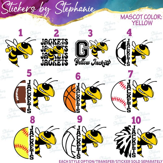 (s10-014-1) Yellow Jackets, Hornets, Bee Mascot Iron-On Transfer