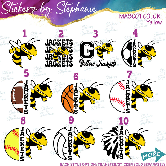 (s10-014) Yellow Jackets, Hornets, Bee Mascot Iron-On Transfer or Sticker